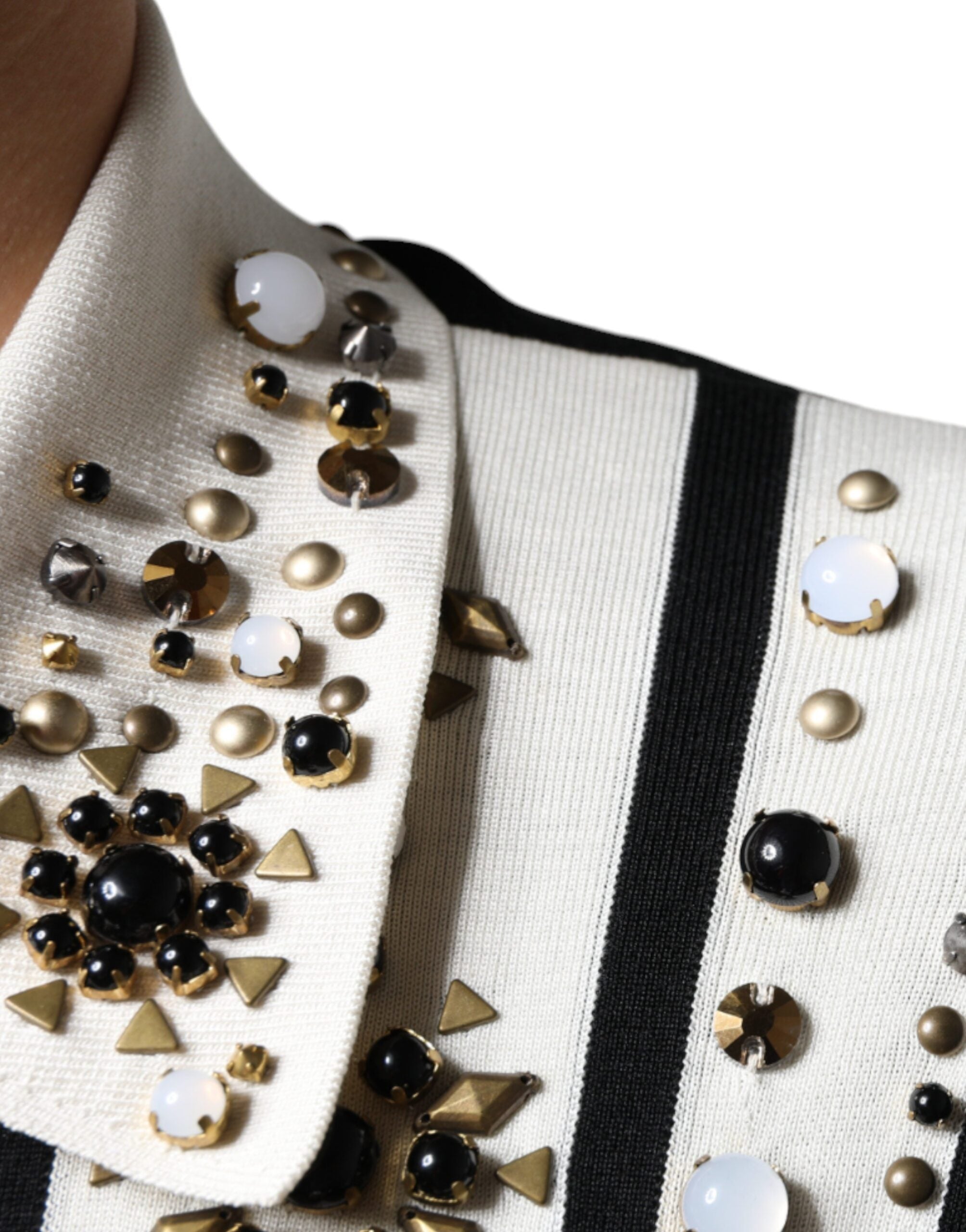 Dolce & Gabbana Beyaz Siyah İpek Gömlek, Çivili ve Taş Kristalli